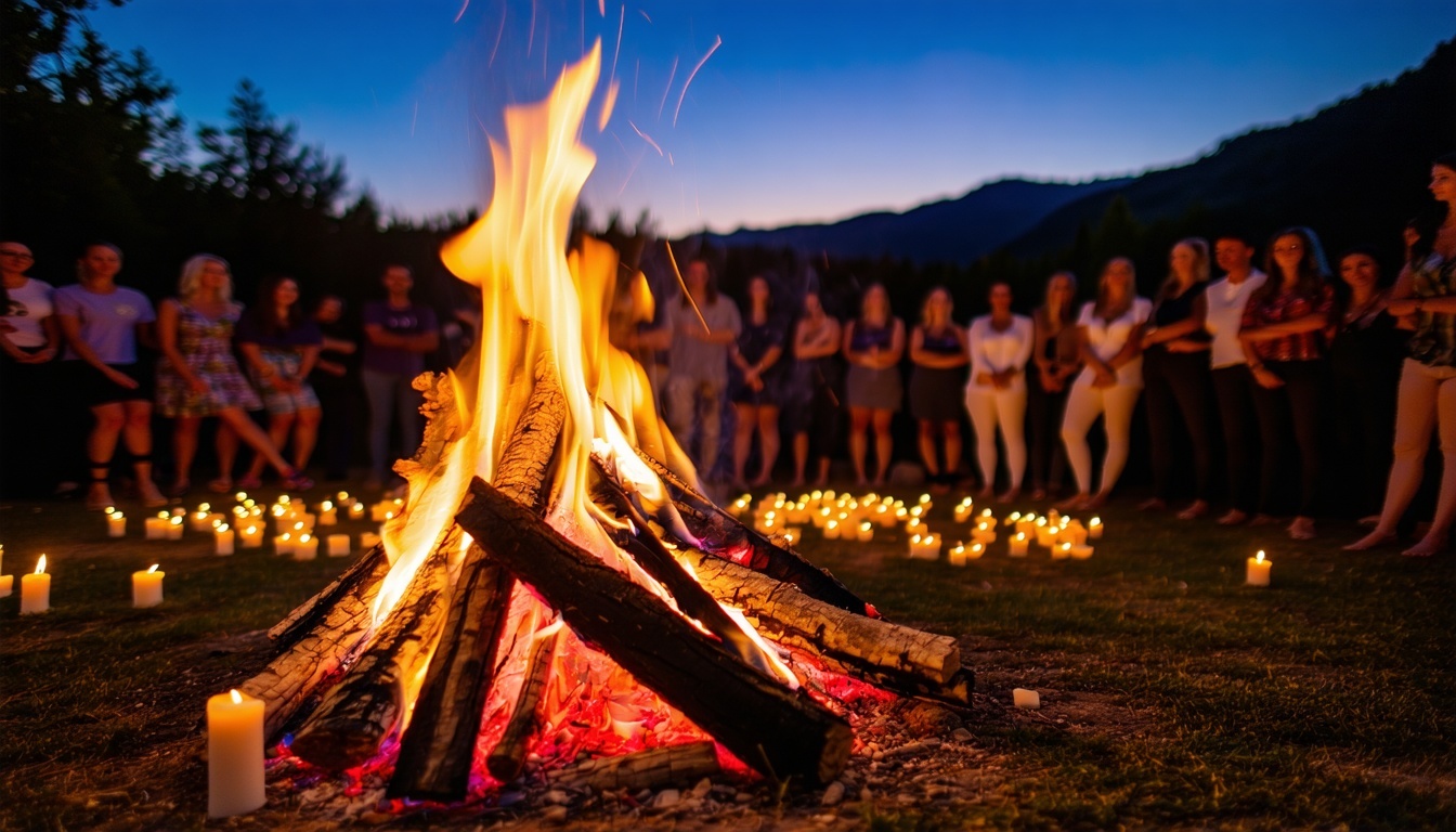 A warm bonfire glows at dusk, 100 guests share sto